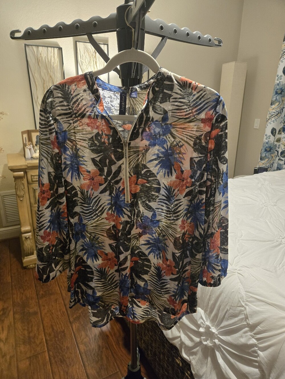 Floral Tropical Zip-Front Tunic - Blue & Coral